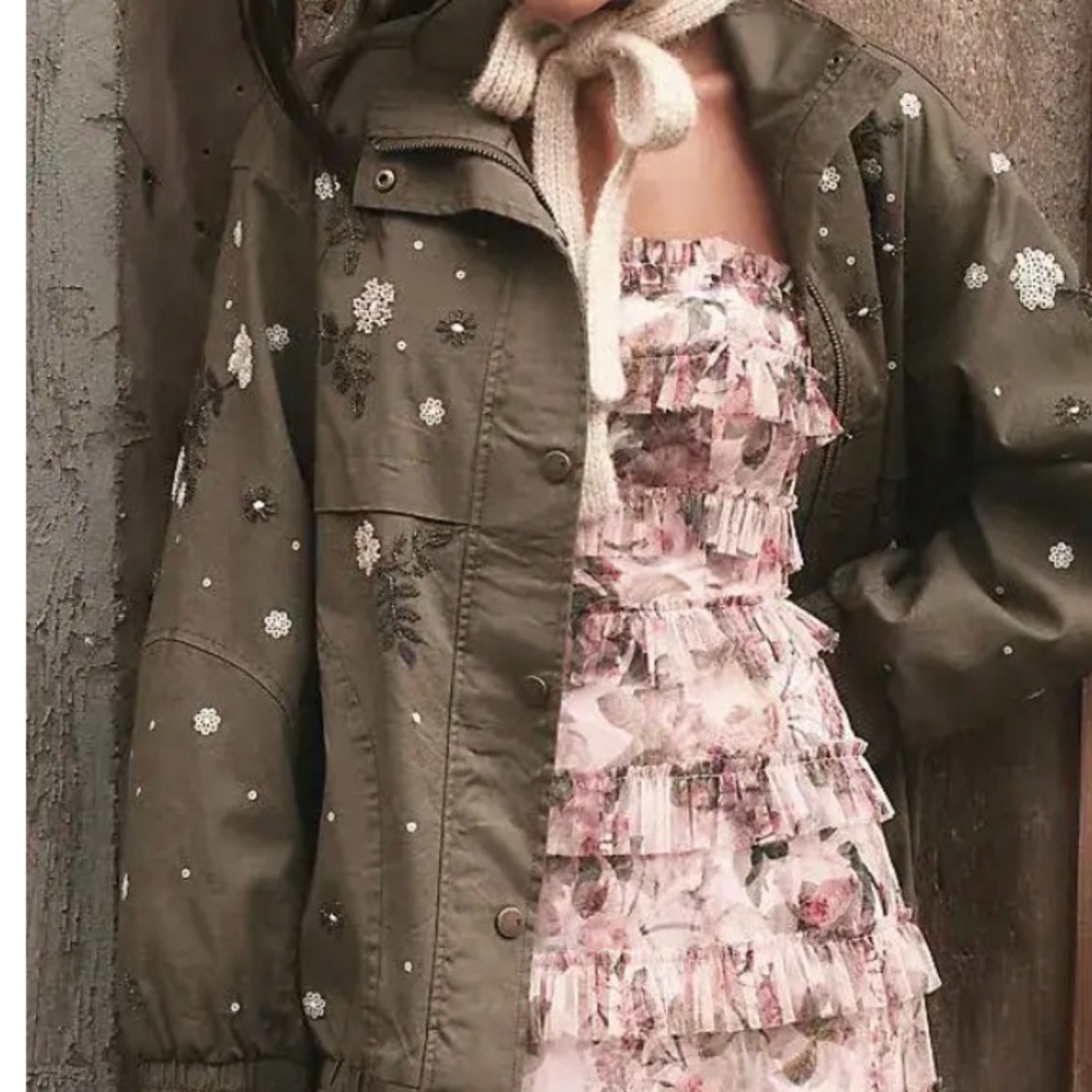 Pilcro Anthropologie Green Embroidered Sequenced Women's Bomber Jacket NWT